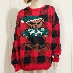 Vintage Embassy Row Red/Black Plaid Christmas Bear Knit Unisex Sweater Size XL